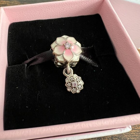Pandora Silver Magnolia Bloom Enamel CZ Dangle charm 792077PCZ - NEW - Picture 3 of 6